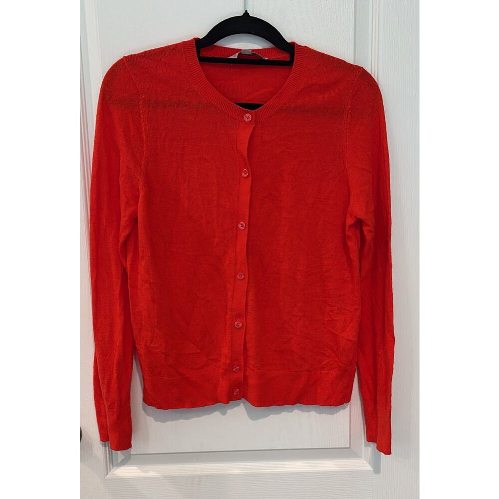LOFT Red Crew Neck Button Down Cardigan Sweater Size L Long Sleeve - Picture 2 of 4
